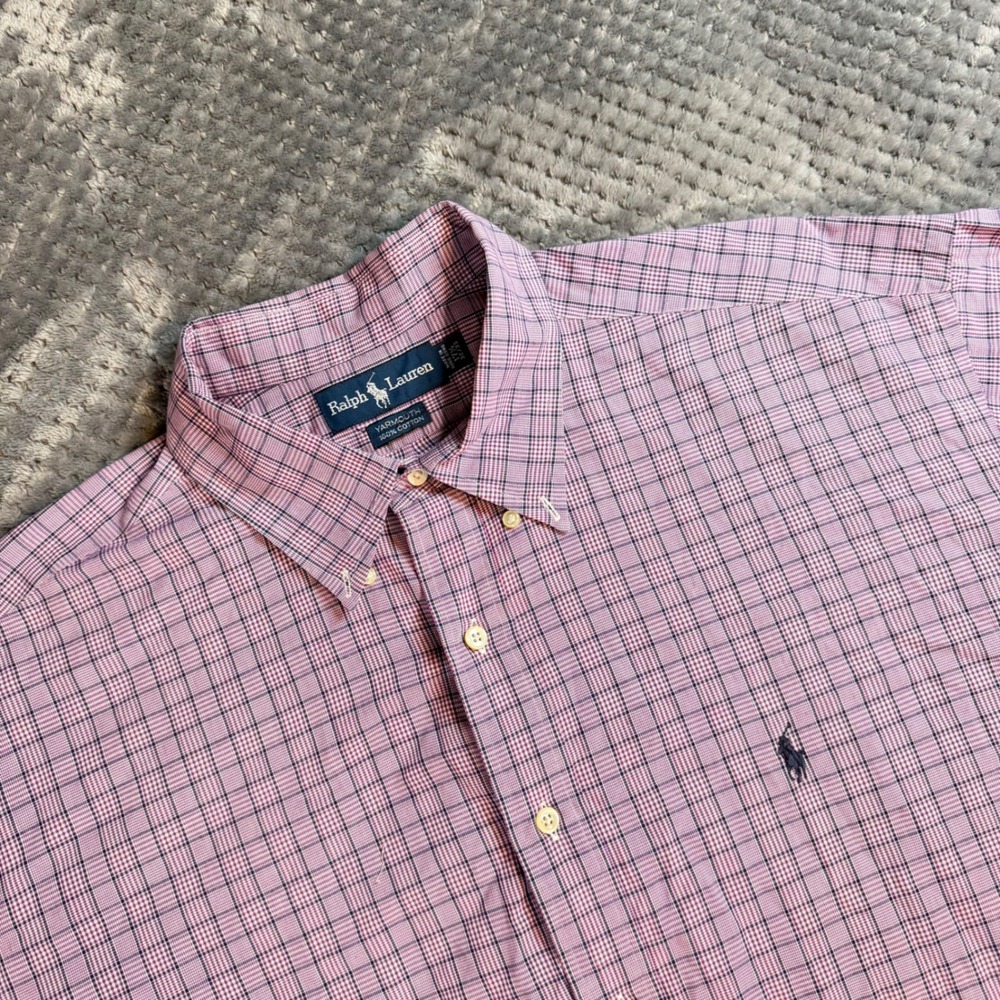 Ralph Lauren Yarmouth Mens 17.5 32/33 Pink Plaid Button Down Cotton Shirt